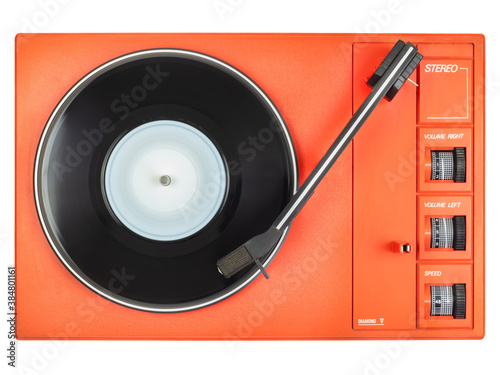 Vintage cute orange record player isolated on white
