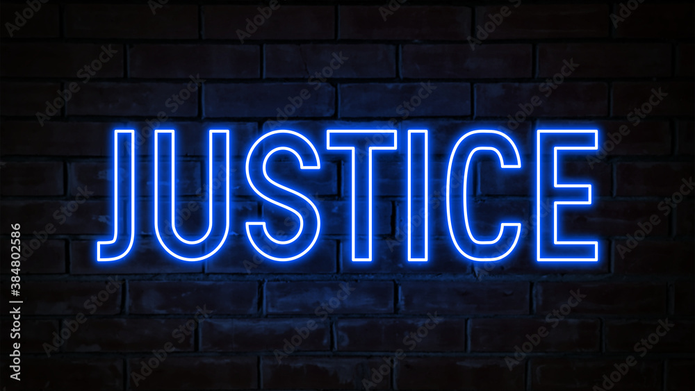 Justice - blue neon light word on brick wall background