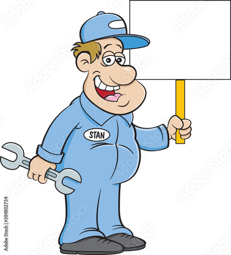 Cartoon illustration of an auto mechanic holding a large wrench and a sign.