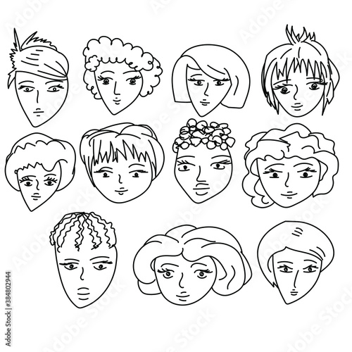 Set of female faces with different hairstyles, simple haircuts on different hairs, contour doodle girls of different types, outline vector illustration 