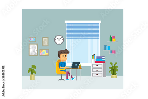 A young man sits at a table and works with a laptop. Pixel art. Old school computer graphic. 8 bit video game. Game assets 8-bit sprite. 16-bit.