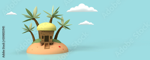 Illustration 3D avec une petite île isolée comportant une petite habitation et des palmiers. Concept voyage