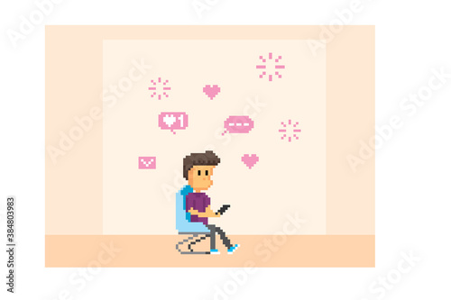 A young man sits in a chair and reads messages on a smartphone. Pixel art. Old school computer graphic. 8 bit video game. Game assets 8-bit sprite. 16-bit. photo