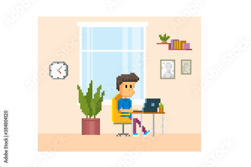 A young man sits at a table and works with a laptop. Pixel art. Old school computer graphic. 8 bit video game. Game assets 8-bit sprite. 16-bit.