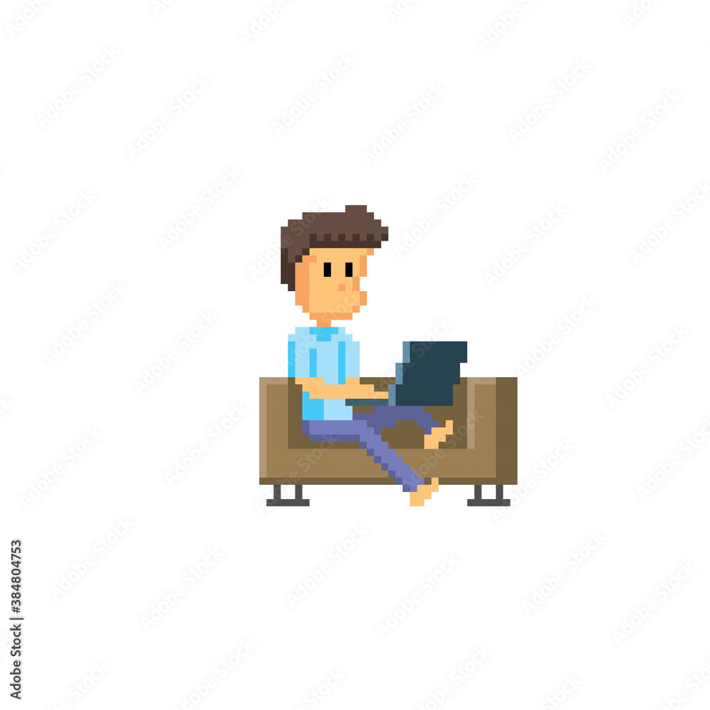 A young man sits on the couch and works with a laptop. Pixel art icon. Old school computer graphic. 8 bit video game. A young man sits on the couch and works with a laptop. Pixel art icon. Old school computer graphic. 8 bit video game.
