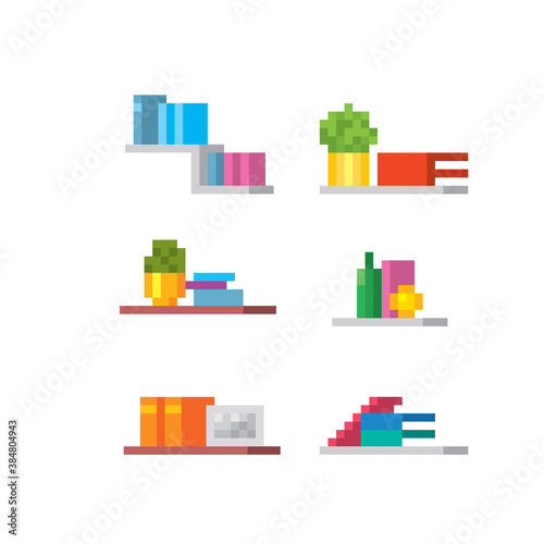 Interior icons set. Shelf, book, home plant, bottle. Pixel art icons set. Old school computer graphic. 8 bit video game. Game assets 8-bit sprite.