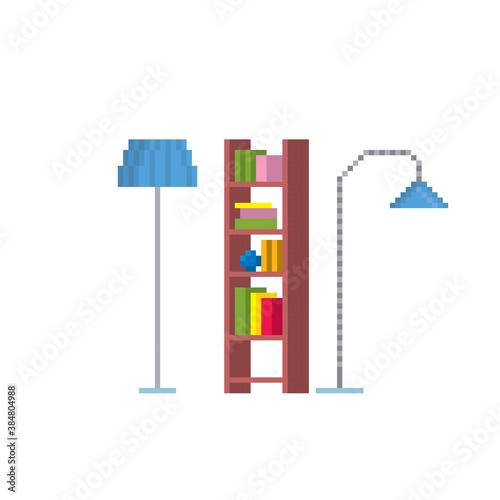 Interior icons set. Shelf, floor lamp. Pixel art icons set. Old school computer graphic. 8 bit video game. Game assets 8-bit sprite.