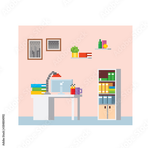 Interior of a modern office. Pixel art. Old school computer graphic. 8 bit video game. Game assets 8-bit sprite. 16-bit. photo