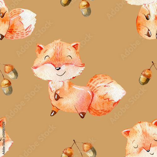 Fototapeta Naklejka Na Ścianę i Meble -  Watercolor fox pattern.
