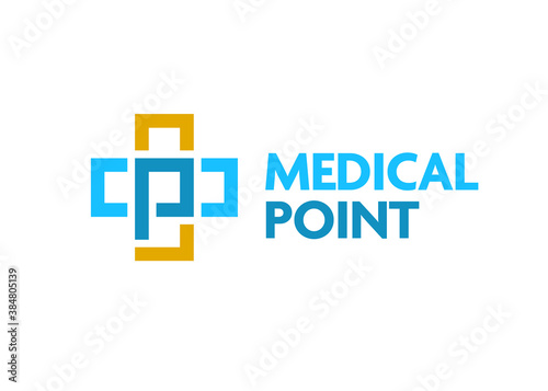 letter p with medical cross symbol vector logo illustration