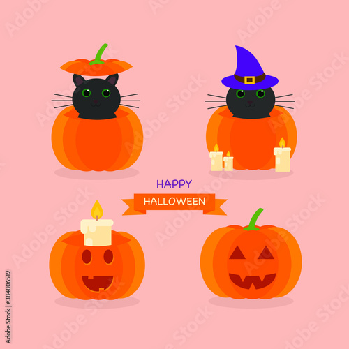 Fototapeta Naklejka Na Ścianę i Meble -  This is a set of vector illustration of a cat and a candle in a pumpkin on a light background. Flat style. Could be used for flyers, postcards, banners, holidays, etc.
