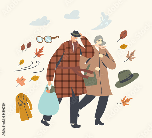 Senior Couple Characters Fighting with Strong Wind, Aged Man and Woman Walking in Windy Weather, Protect of Storm