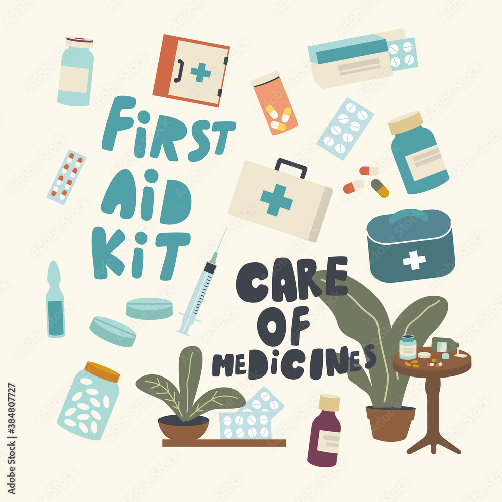 Set of Icons Medicines Care, Drugs Safety and Comfortable Storage, First Aid Kit Theme. Pills Packed in Blister, Bottles