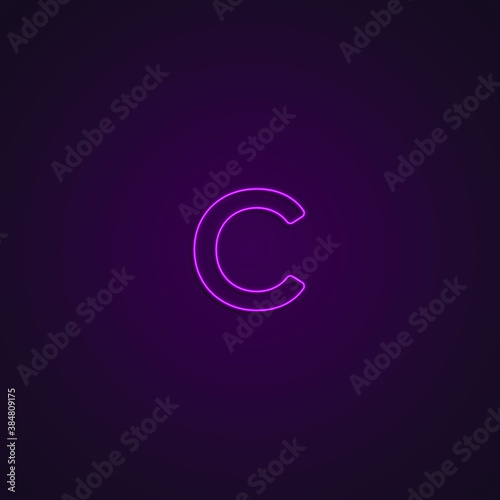 Bright Neon Font with fluorescent pink tubes. Small letter c. Night Show Alphabet.