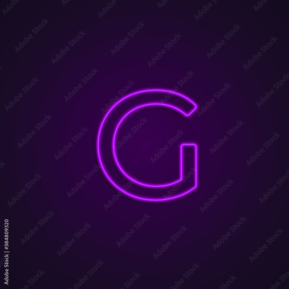 Bright Neon Font with fluorescent pink tubes. Large capital letter G. Night Show Alphabet.