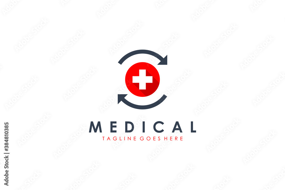 Medical Logo Health Icon. White Cross Plus Sign in Red Circle Shape with Blue Recycle Arrow isolated on White Background. Flat Vector Logo Design Template Element.