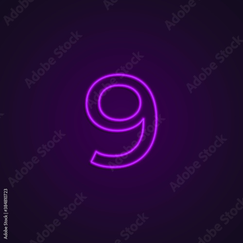 Bright Neon Font with fluorescent pink tubes. Number 9. Night Show Alphabet.