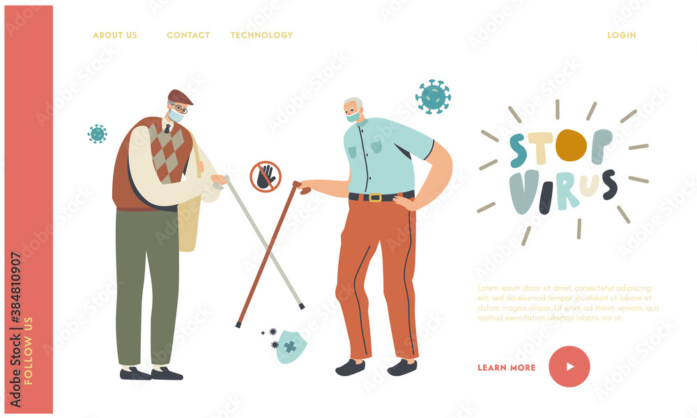 Epidemic Safety Landing Page Template. Aged Friends Non-contact Greet during Coronavirus. Senior Characters Wearing Mask