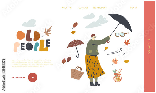 Aged Character Fighting with Strong Wind Landing Page Template. Senior Woman Holding Umbrella Protecting from Hurricane