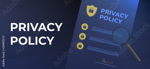 Privacy Policy concept. Contract with protection information, shield and magnifier icons. Cyber Security Data Access - Business Technology Concept. Header or footer vector banner template