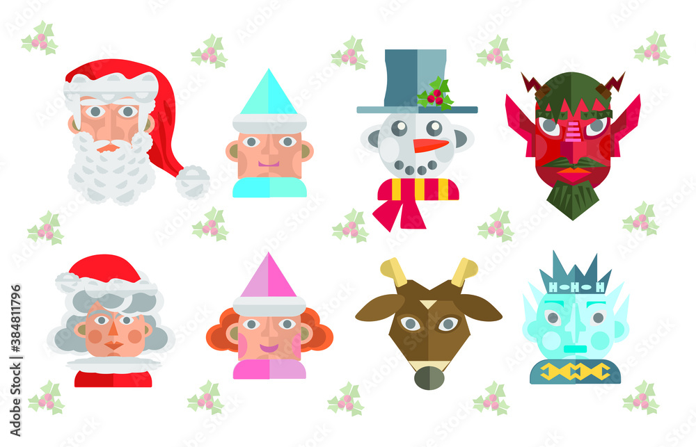 set of vibrant colorful Christmas faces Mr. and Mrs Santa Claus and friends