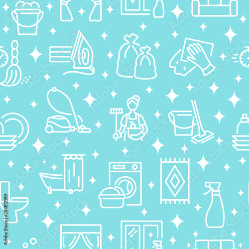 Cleaning service seamless pattern with flat line white icon on a turquoise background