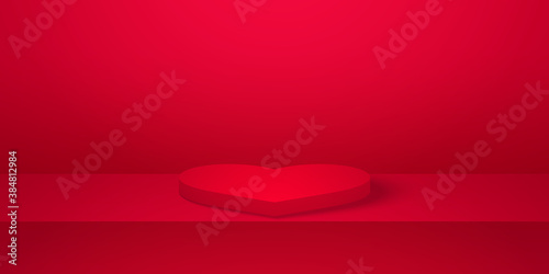 Realistic heart shape podium or pedestal with red empty studio room, minimal product background, template mock up for display, valentines day, geometric shape