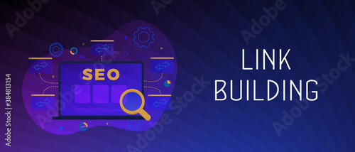 Link Building banner concept. SEO strategy illustration. Backlink Digital Search Engine Optimization Marketing business concept with site icons and links. Header or footer vector banner template