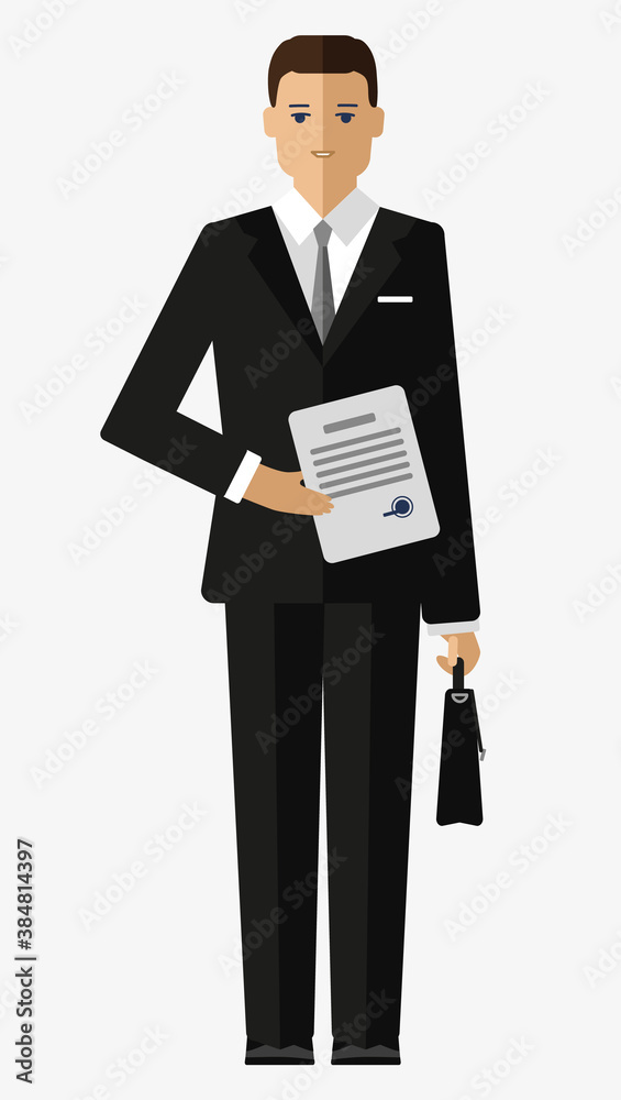 businessman in black suit holds document and briefcase. vector character in flat style businessman in black suit holds document and briefcase. vector character in flat style