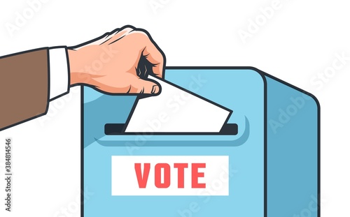 Hand drops ballot into vote box. Presidential election poster. Voting in elections. Vector retro illustration.