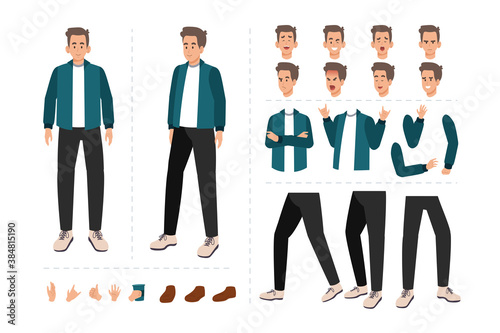 Man cartoon character for motion design with facial expressions, hand gestures, body and leg movement