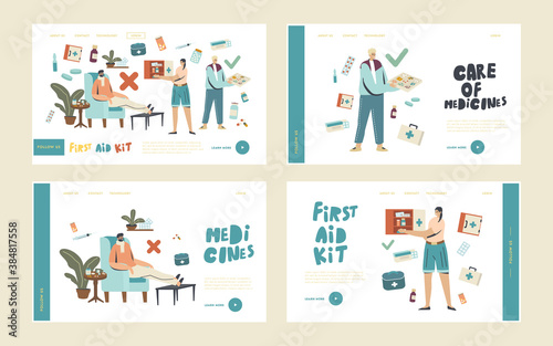 Drugs Storage, Seasonal Illness Flu Sickness Landing Page Template Set. Sick Young Man Having Cold. Medicine Drugs