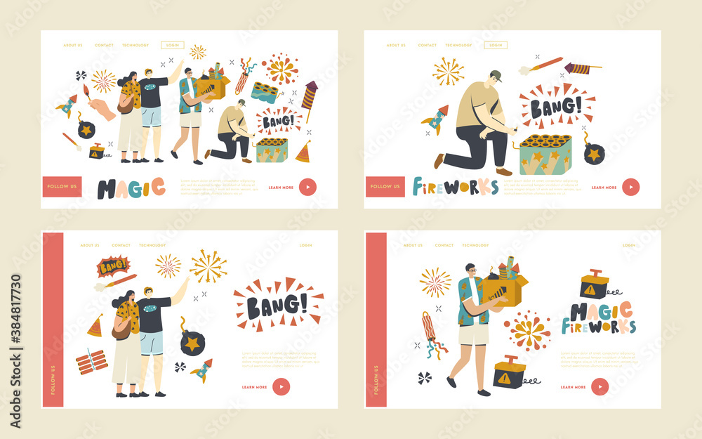 Fototapeta premium Characters Enjoying Fireworks Landing Page Template Set. Christmas or New Year Celebration, Man Carry Box with Petards