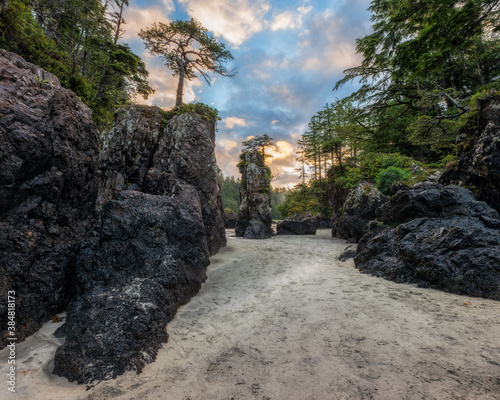 Beautiful sea stacks at sunrise on San Josef Bay  in Cape Scott Provincial park on Vancouver Island, British Columbia, Canada. photo