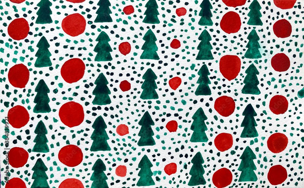 Christmas festive background. Hand drawn watercolor trees. New Year celebration.