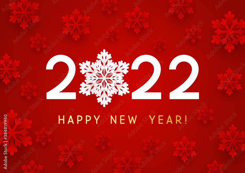 New Year concept - 2022 numbers on red background with paper snowflakes for winter holidays design