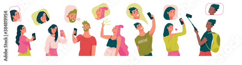 Group of young stylish women and men holdings smartphone, taking selfies. Selfies creative concepts. Flat cartoon vector illustration for designers templates