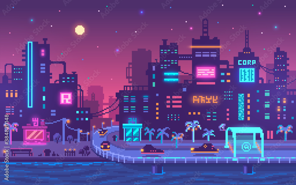 Pixel art cyberpunk metropolis background.