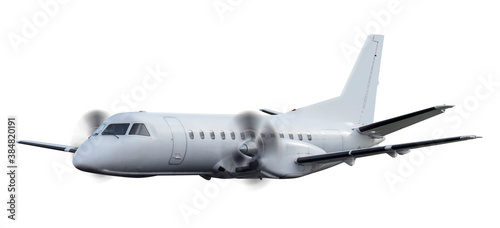 Passenger airplane isolated on white background with propellers rotating