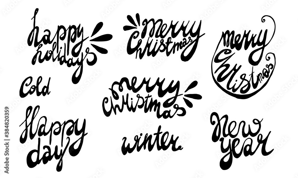Vector handwritten christmas lettering. Hand drawn illustration isolated on white background. Template for greeting card, sticker pack, print, poster, banner. Holiday celebration season. Vector handwritten christmas lettering. Hand drawn illustration isolated on white background. Template for greeting card, sticker pack, print, poster, banner. Holiday celebration season.