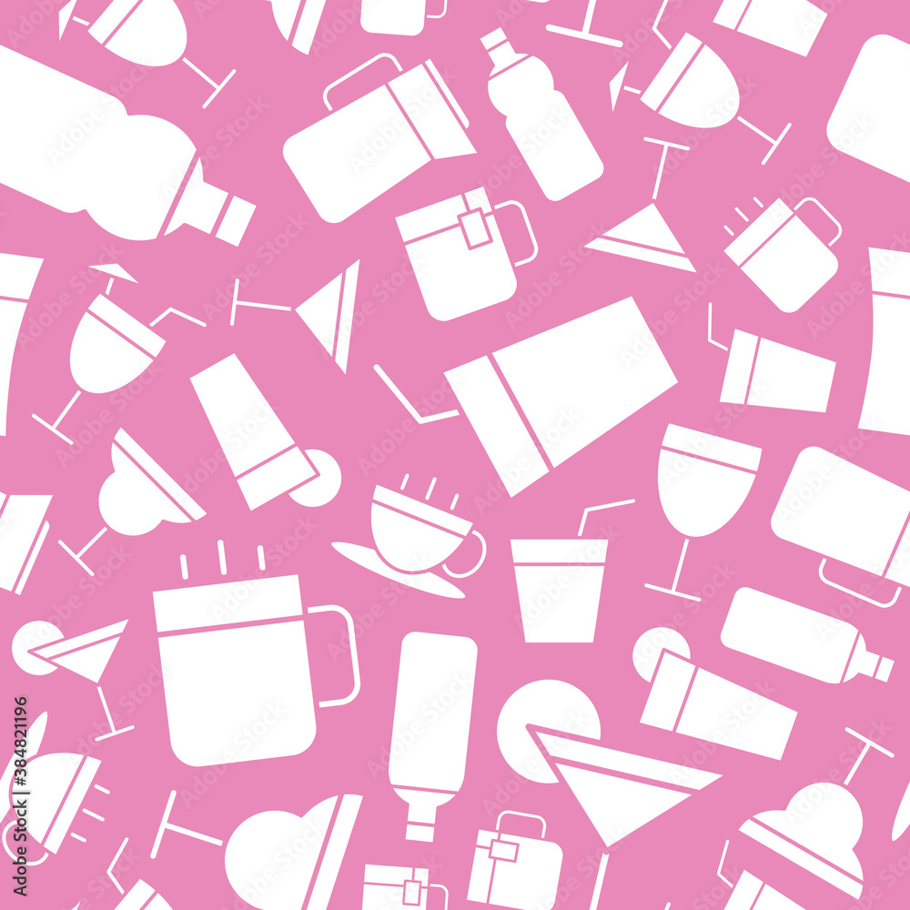 Soft drink - Vector background (seamless pattern) of silhouettes water, soda, juice, cocktail, cup, can, mug, coffee, tea for graphic design Soft drink - Vector background (seamless pattern) of silhouettes water, soda, juice, cocktail, cup, can, mug, coffee, tea for graphic design