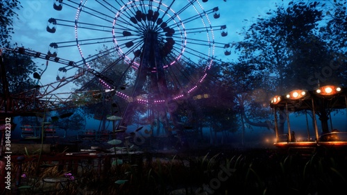 Foto Abandoned Apocalyptic Ferris wheel and carousel in an amusement Park in a city deserted after the Apocalypse