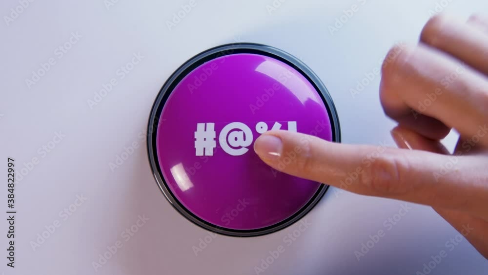 Woman pushing a button with swear words. Bad words or slang on a