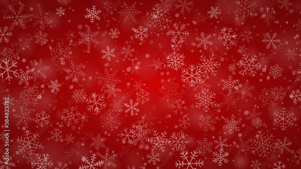 Christmas background of snowflakes of different shapes, sizes and transparency in red colors