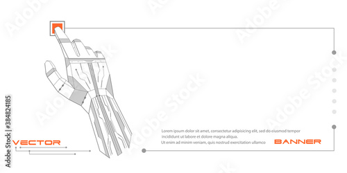  Robot arm .Mechanical hand presses a virtual button.Artificial intelligence of the future.Vector illustration.	