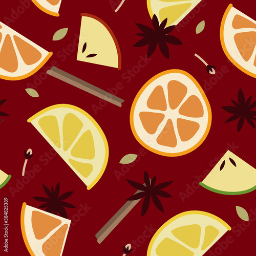 Christmas mulled red wine with citrus fruit, apple, cinnamon, clove, cardamom and anise. Sangria. Winter hot drink. Traditional xmas beverage. Vector seamless pattern, flat cartoon style