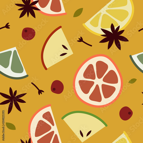 Christmas mulled white wine with citrus fruit, apple, cinnamon, clove, cardamom, anise. Winter hot drink. Sangria, apple cider. Traditional xmas beverage. Vector flat cartoon seamless pattern