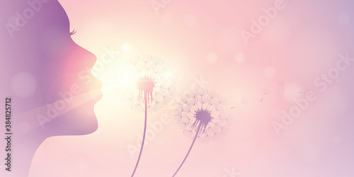 girl blows dandelion silhouette on sunny sky vector illustration EPS10