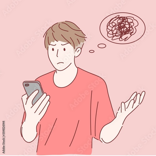 Man look at the mobile phone and was angry, annoyed, dazed, discontent, confused concept. Hand drawn character flat style.