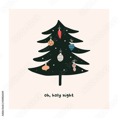 Abstract christmas greeting card with xmas tree decorated with balls. Trendy new year winter holiday poster template. Vector illustration in hand drawn flat style